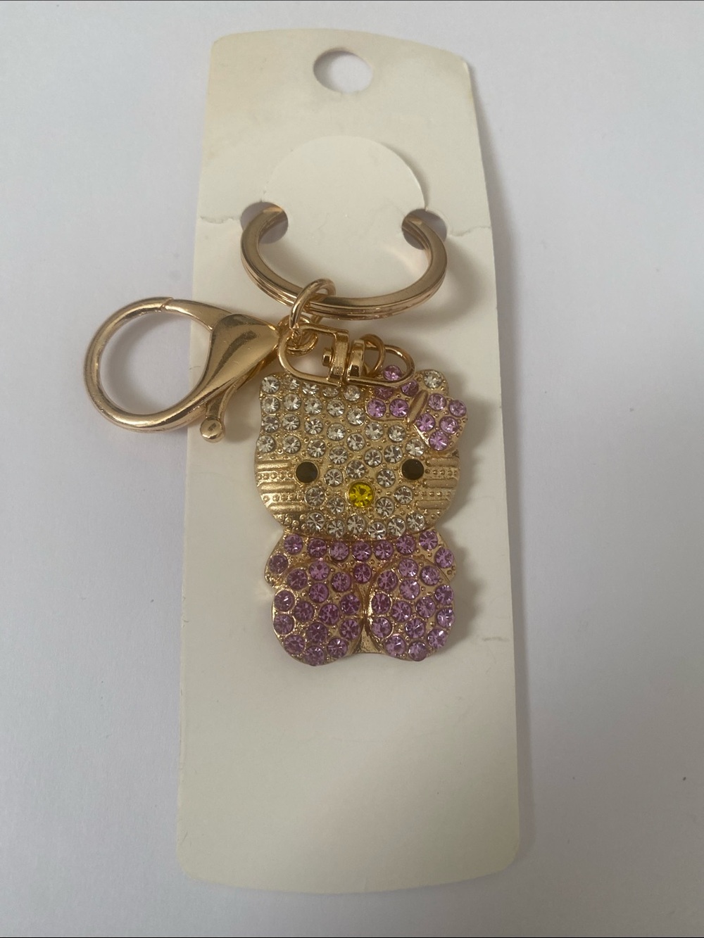 Gold Crystal Cat Keychain Charm with Pink Accents